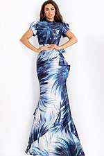 Elegant formal gown with high neckline and leaf pattern