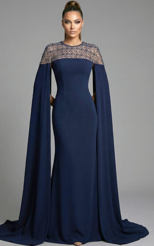 fitted gown with beaded illusion neckline and flowing cape sleeves