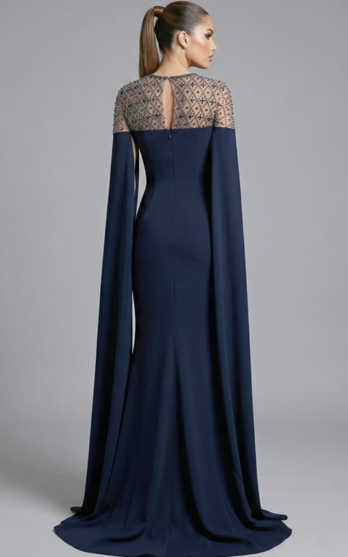 elegant gown with beaded illusion back and long draped sleeves