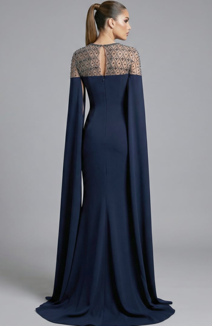 elegant gown with beaded illusion back and long draped sleeves