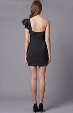 Back view of a fitted one shoulder mini dress with clean straight back