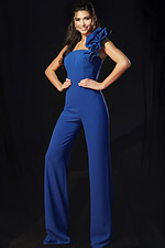 One shoulder blue jumpsuit with ruffle detail and fitted bodice