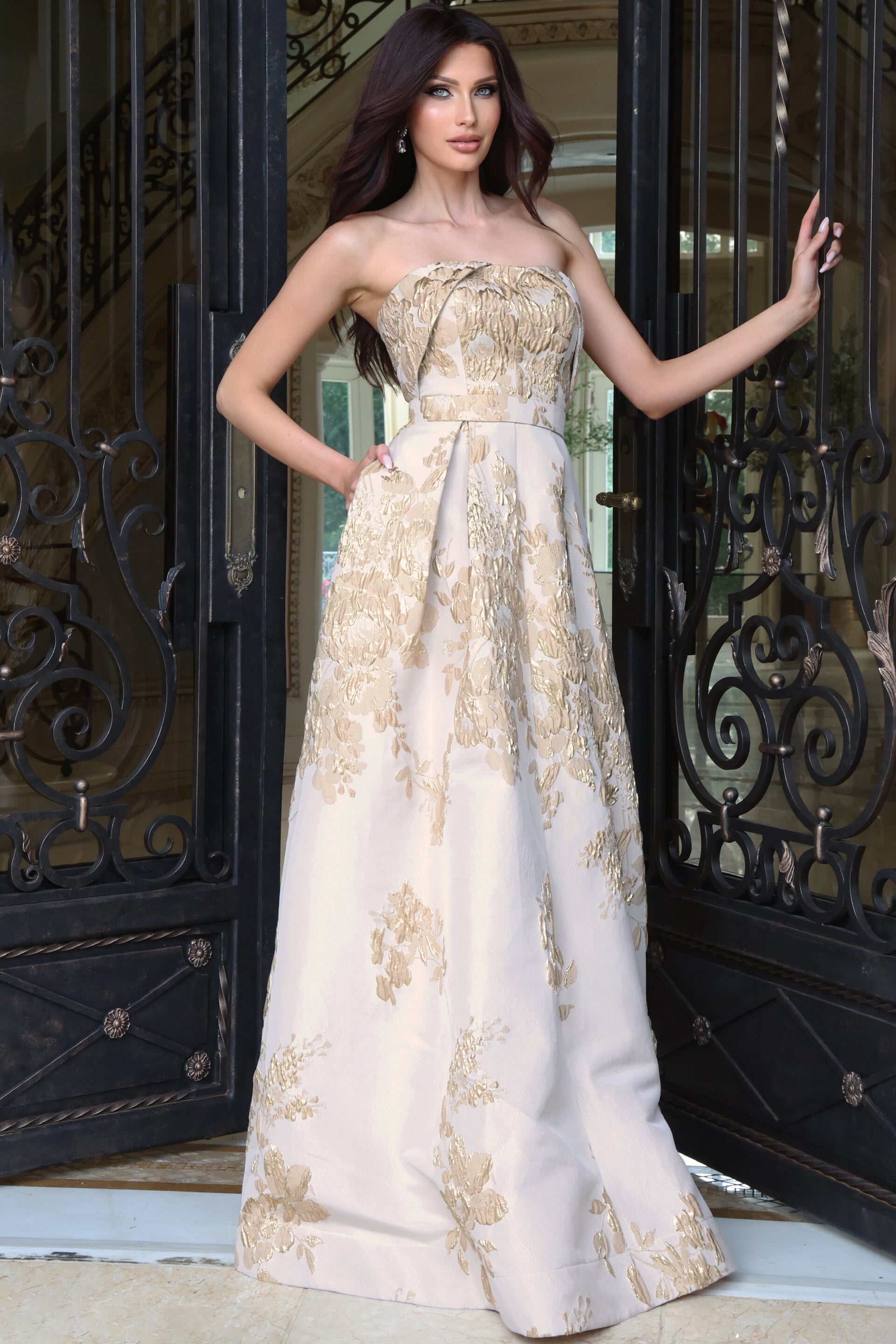 Ivory and gold floral jacquard strapless A-line gown, front view