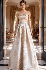 ivory and gold floral brocade strapless A line gown with overskirt