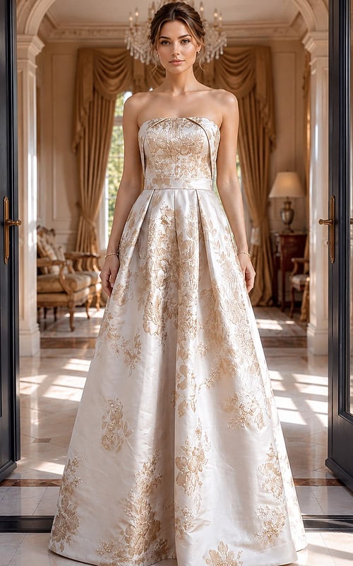 ivory and gold floral brocade strapless A line gown with overskirt