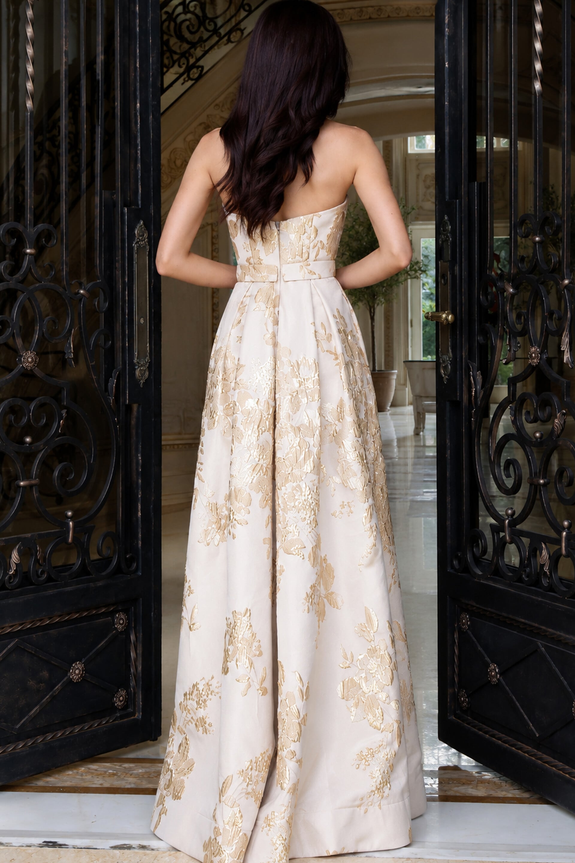 Ivory and gold floral jacquard strapless A-line gown, back view