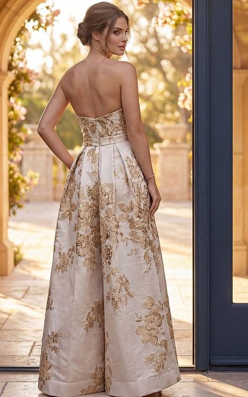 back view of ivory and gold floral brocade strapless A line gown with overskirt