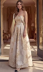 ivory and gold floral brocade strapless A line gown with overskirt
