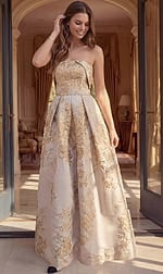 ivory and gold floral brocade strapless A line gown with overskirt