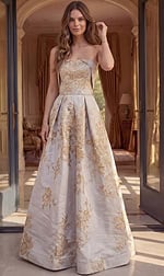ivory and gold floral brocade strapless A line gown with overskirt