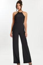 Front view of black halter jumpsuit with wide-leg silhouette