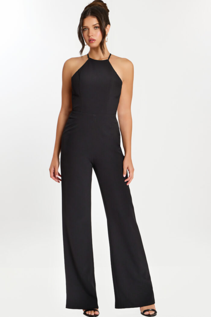 Front view of black halter jumpsuit with wide-leg silhouette