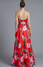 Strapless floral evening gown with full length skirt and clean open back