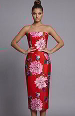 strapless red multi floral sheath dress 46564