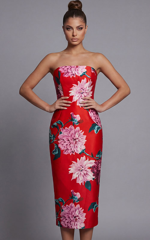 strapless red multi floral sheath dress 46564