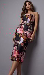 Strapless fitted midi dress featuring a bold floral print with roses and a clean, tailored silhouette