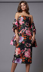 Strapless floral dress with fitted bodice, midi length skirt, and matching draped sleeves in a bold botanical print