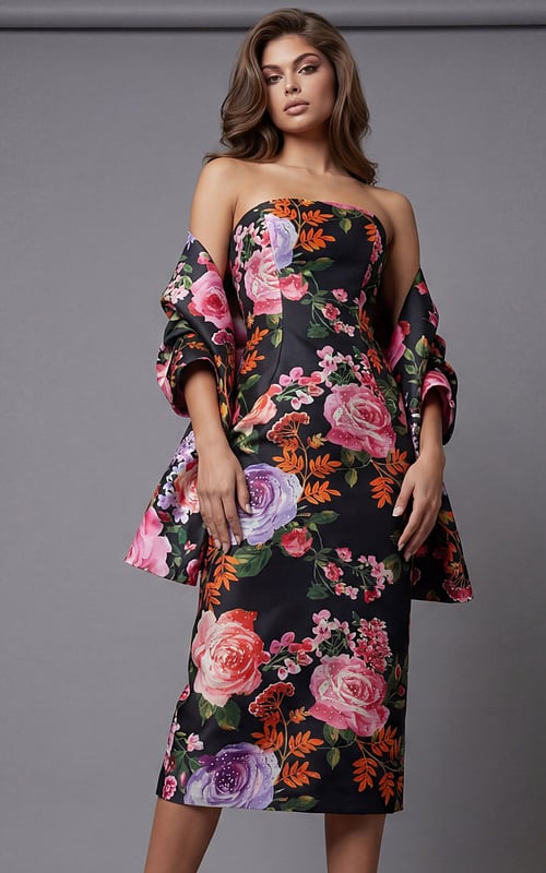 Strapless floral dress with fitted bodice, midi length skirt, and matching draped sleeves in a bold botanical print