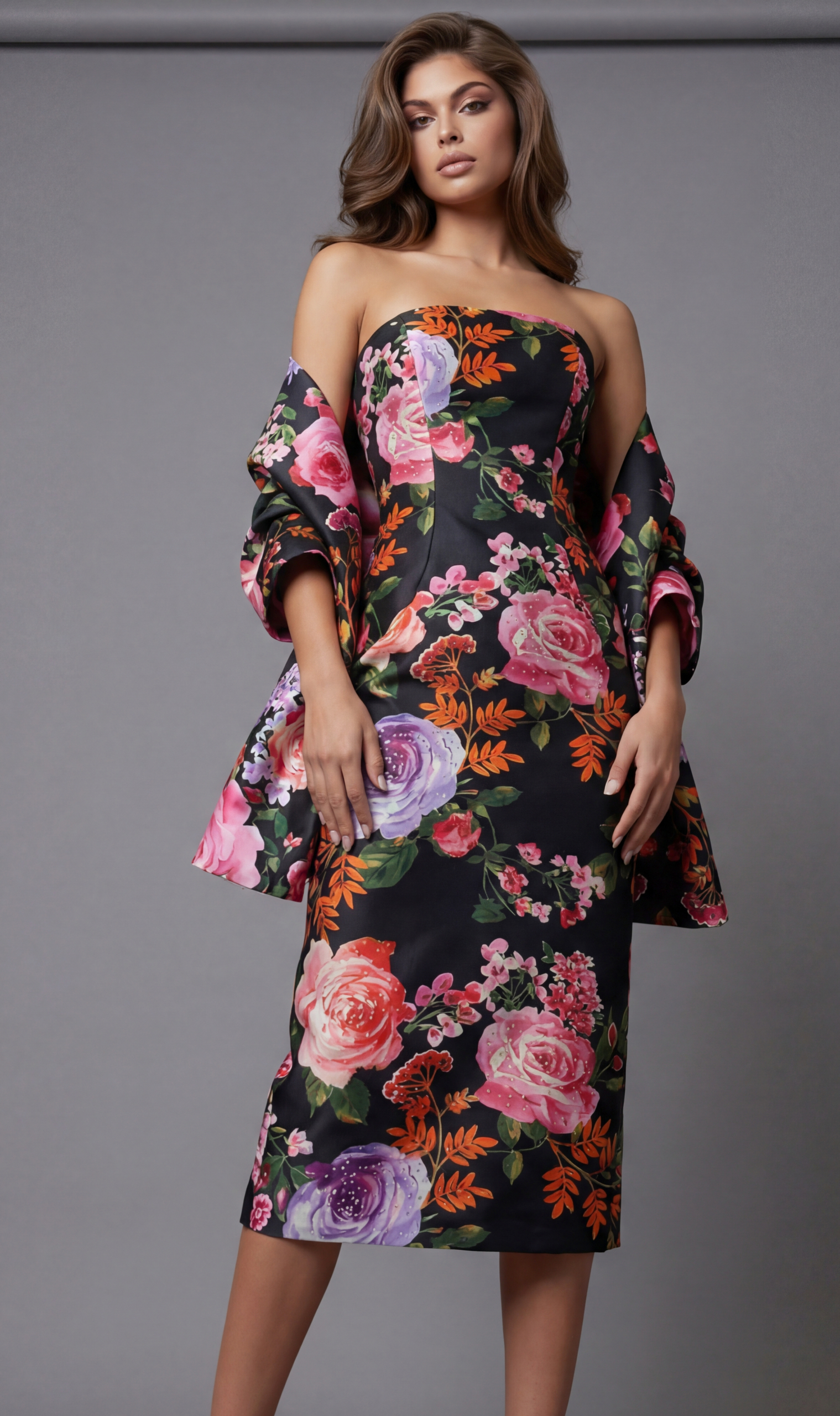 Strapless floral dress with fitted bodice, midi length skirt, and matching draped sleeves in a bold botanical print