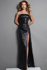 strapless gown with glossy floral texture