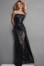 strapless gown with glossy floral texture