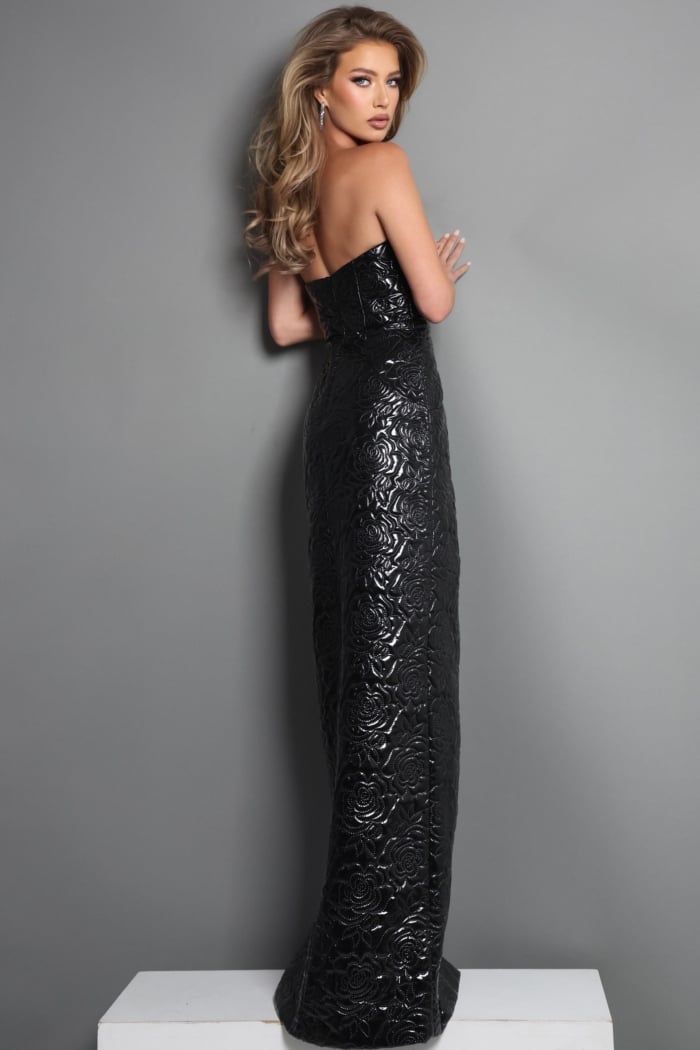 strapless gown with glossy floral texture