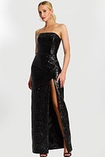 glossy embossed black dress with floral texture and high front slit.