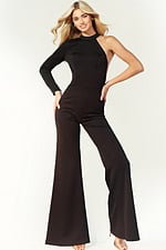One shoulder black jumpsuit with long sleeve and open cutout