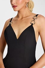 v neckline black dress with buckled straps 46589