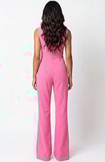 Back view of fitted jumpsuit with clean lines and wide leg silhouette