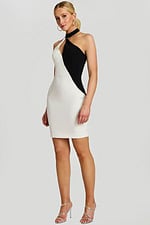 Model Wearing Halter Bodycon Dress With Asymmetric Black And White Design