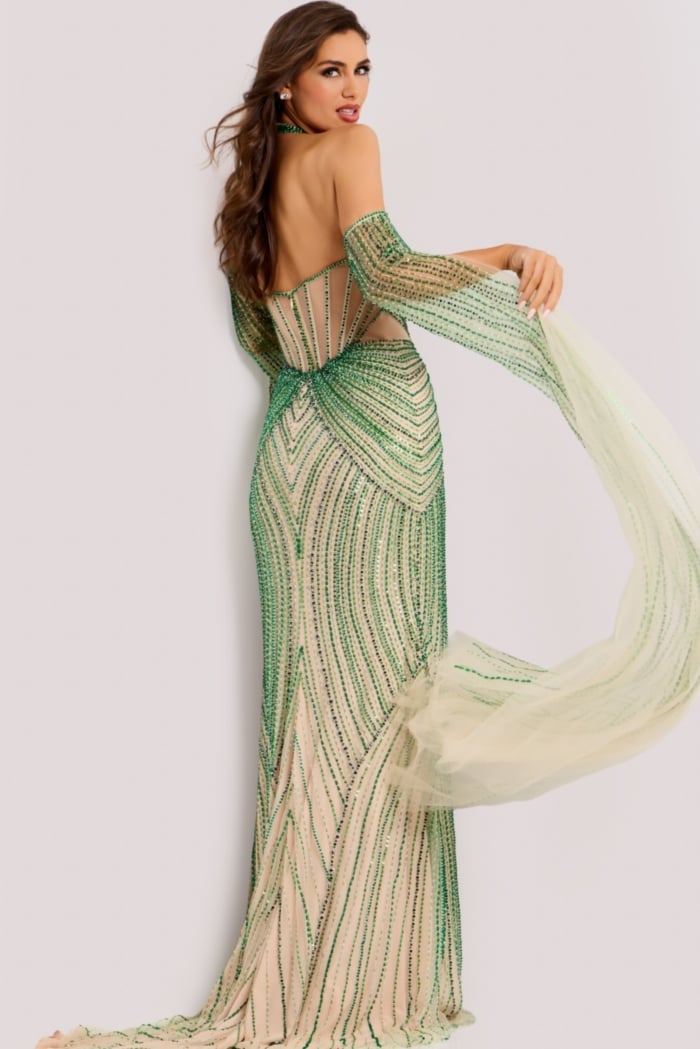 Halter sequin gown with sheer cape sleeves