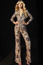 Shimmering gold floral sequin jumpsuit with fitted silhouette