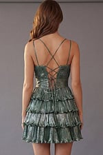 Tiered ruffle cocktail dress with pleated bodice and fitted waist