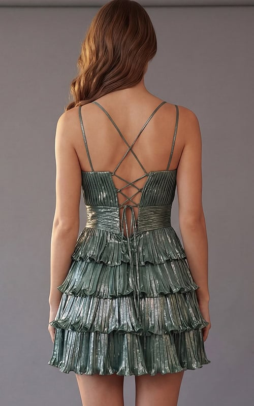 Tiered ruffle cocktail dress with pleated bodice and fitted waist