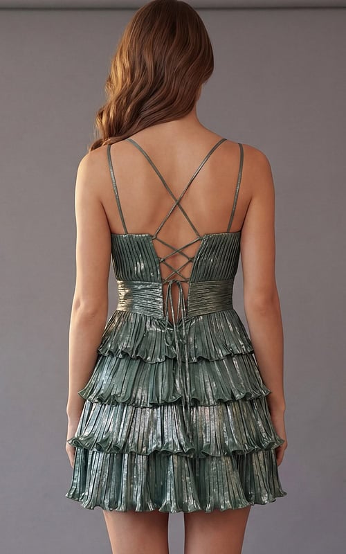 Tiered ruffle cocktail dress with pleated bodice and fitted waist