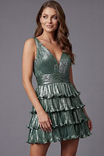 Pleated tiered cocktail dress with plunging V neckline