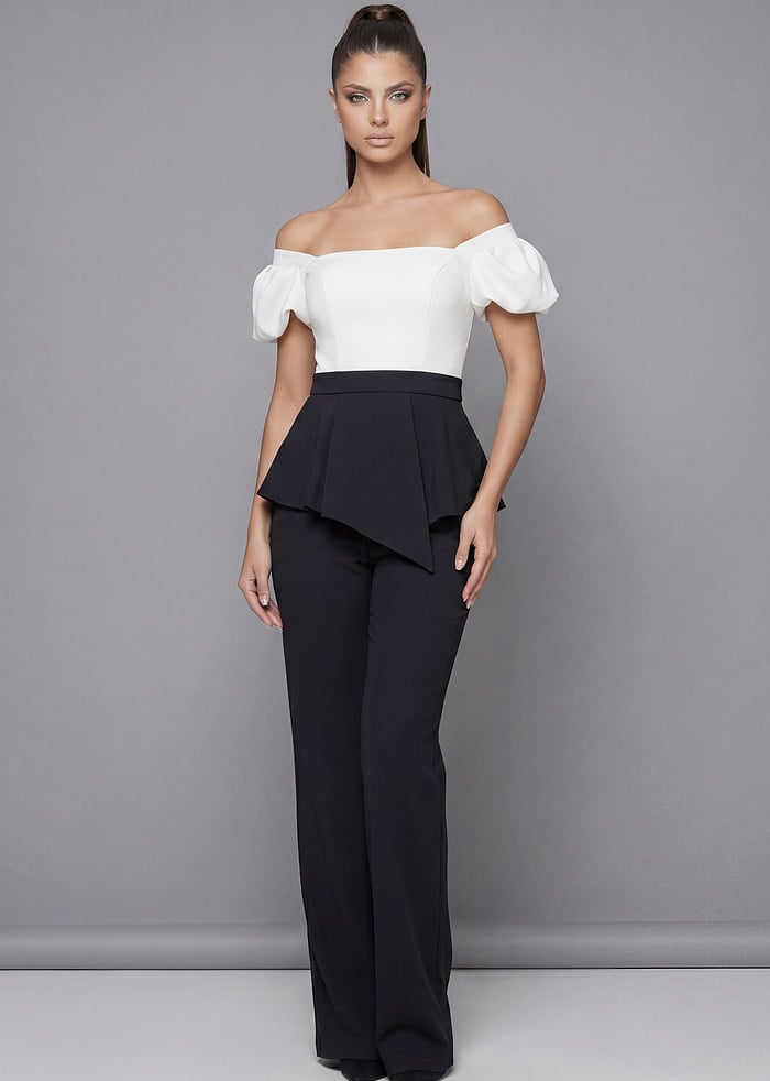 Puff Sleeve Peplum Top with Fitted Flared Pants Set 46613 | Jovani