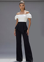 Modern black wide leg pants outfit with off shoulder top