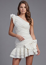White one shoulder ruched mini dress with bow detail