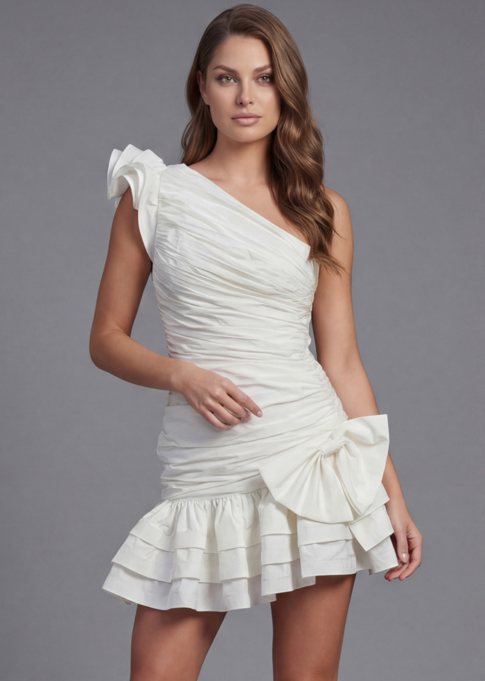 White one shoulder ruched mini dress with bow detail