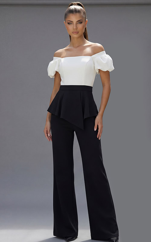 Modern black wide leg pants outfit with off shoulder top