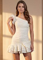 Asymmetrical white cocktail dress with side bow accent