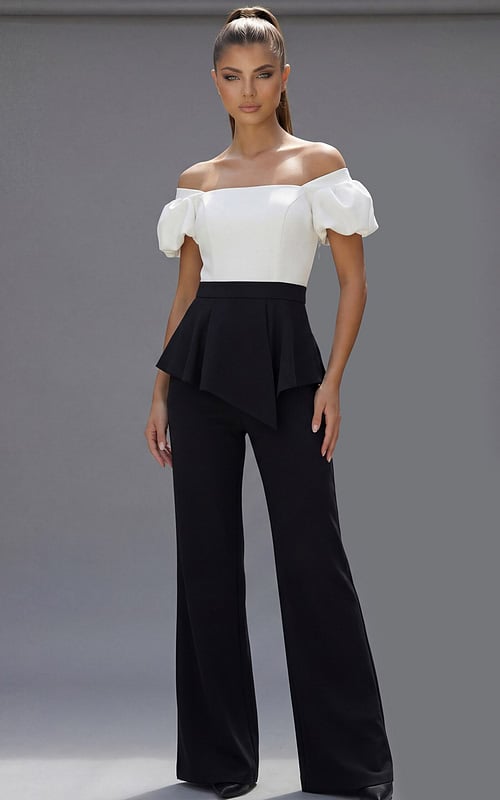 Modern black wide leg pants outfit with off shoulder top