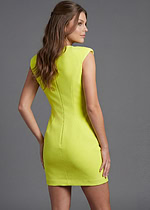 Designer bright chartreuse short dress with square neckline