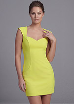 Vibrant chartreuse bodycon mini dress with structured neckline