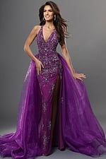 purple sheath long dress with v neck halter beaded slit overskirt