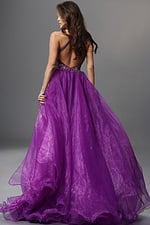 purple sheath long dress with v neck halter beaded slit overskirt