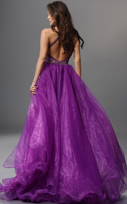 purple sheath long dress with v neck halter beaded slit overskirt