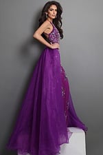 purple sheath long dress with v neck halter beaded slit overskirt